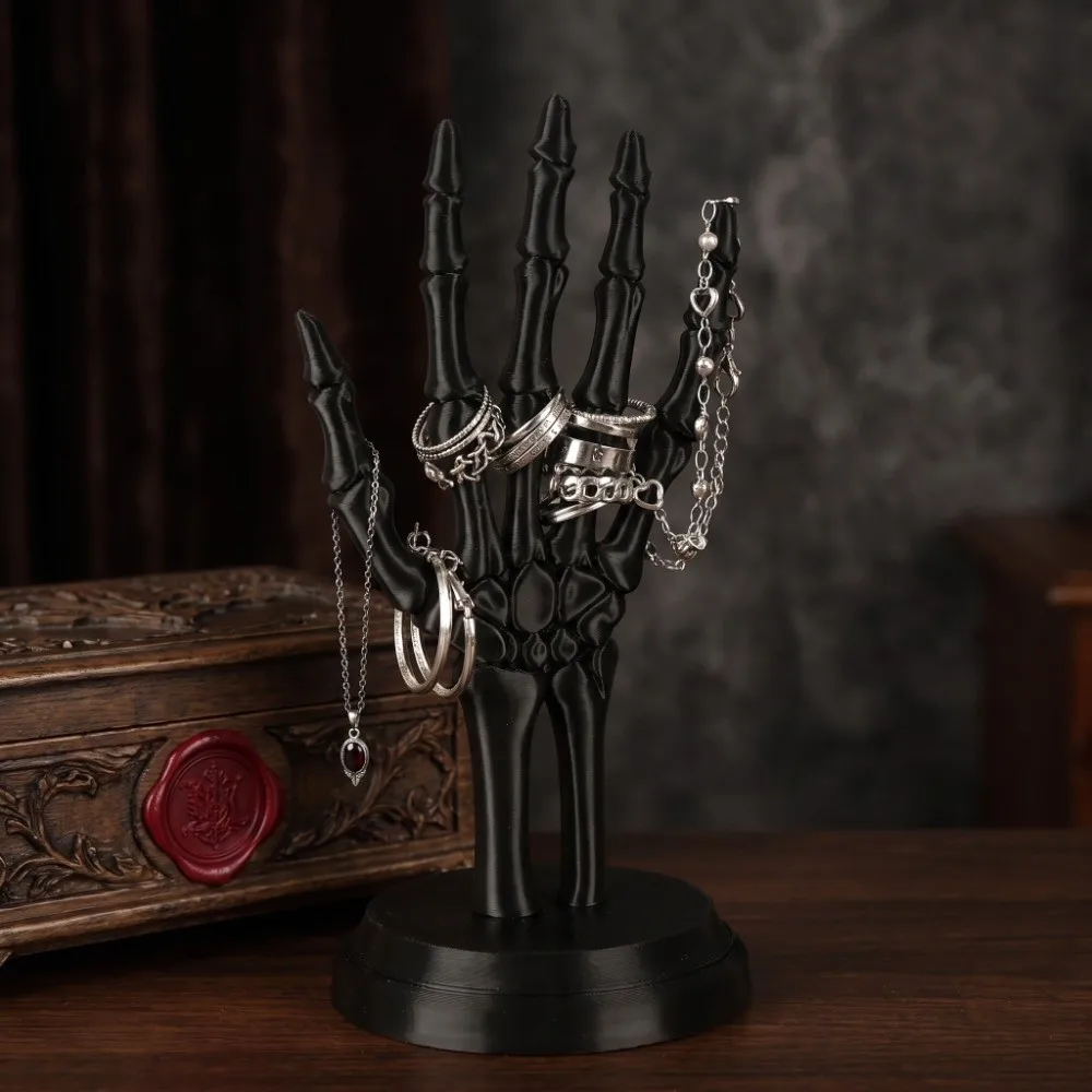 Dark Gothic Style Skull Hand Jewelry Stand Desktop Ornaments with Base Retro Dressing Table Storage Rack Artistic Mysterious