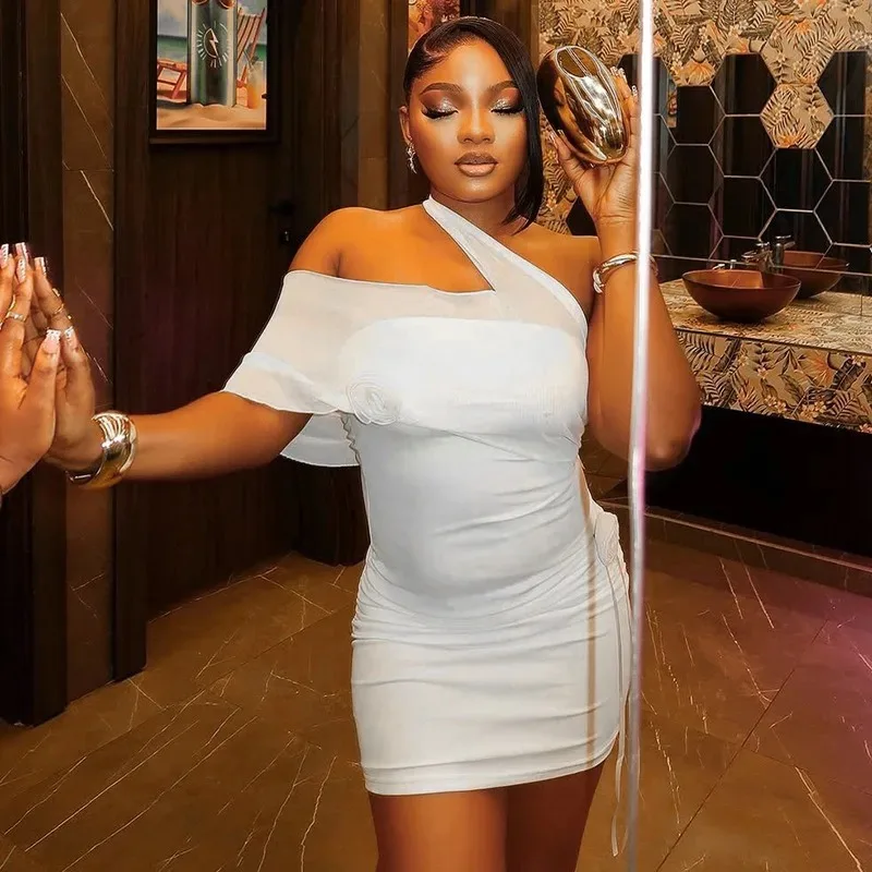 

Women's One-Shoulder Strapless Sleeveless 3D Flower Hips Wrapped Asymmetrical Mini Dress, Gauze Spliced Slight Perspective, Sexy