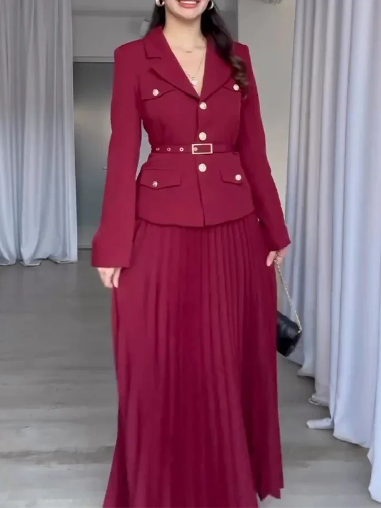 Spring Suit Coat Full Sleeve Blazer Maxi Pleated Skirt Belt Black Solid Color Two-piece Set Long Dresses Women's Two Piece Dress view 5