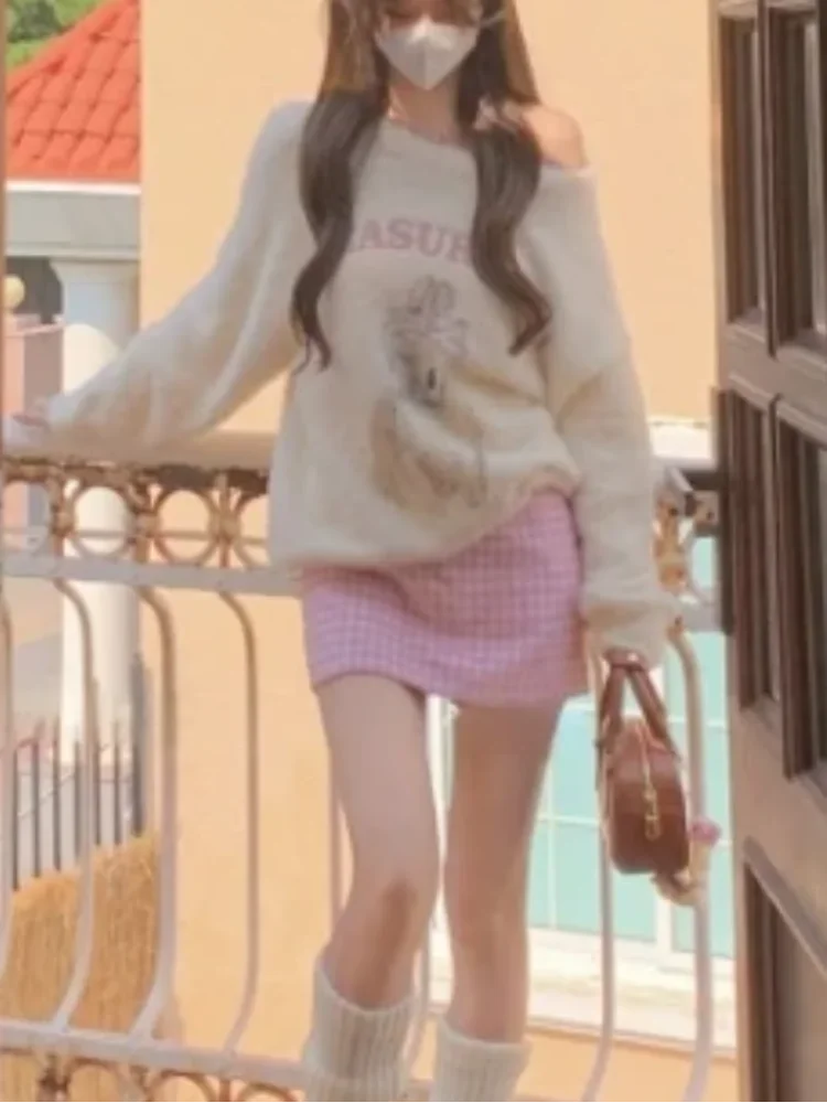 

Kawaii Japanese 2 Piece Skirt Sets Women Casual Y2k Knitted Sweater Pullover + Plaid Skirts Korean Fashion Suits Chic 2025 Autmn