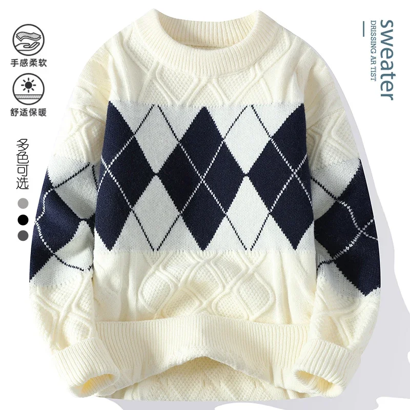 

2024 Knittwear Autumn/Winter Men Color blocking Grid pattern sweater Men's Fashion Casual Sweaters Thick Warm wool pullovers