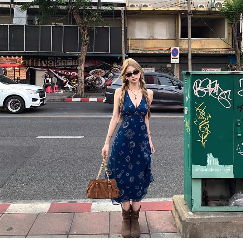 Francês retro com decote em v novo colete feminino vestido curto 2025 verão novo azul impressão cintura fina a linha camisola sexy vestidos longos senhoras