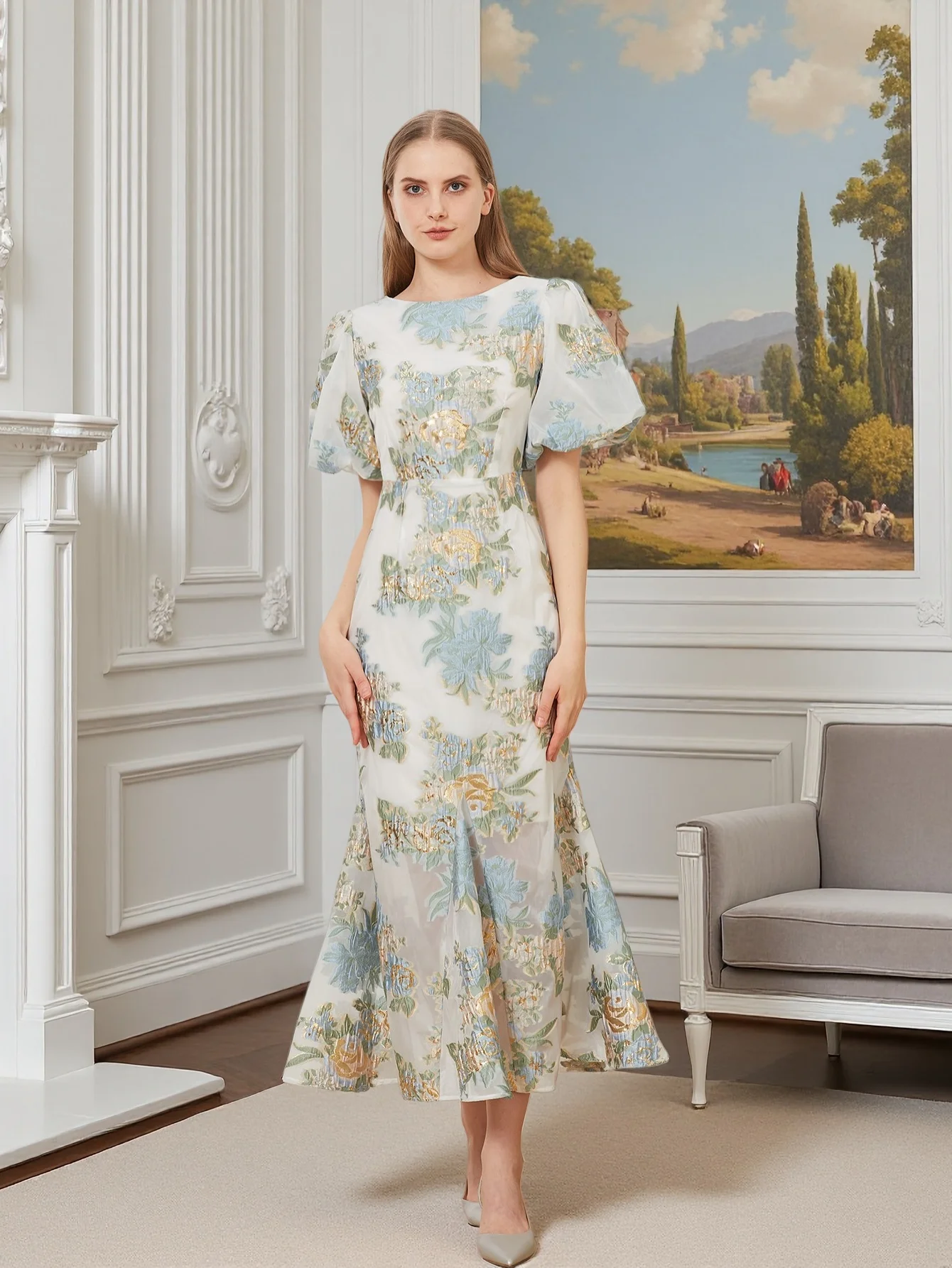 

Элегантное Длинное Платье-Русалка из органзы с цветочным рисунком, роскошные вечерние платья-русалки с пышными рукавами, модное тонкое облегающее платье для клуба