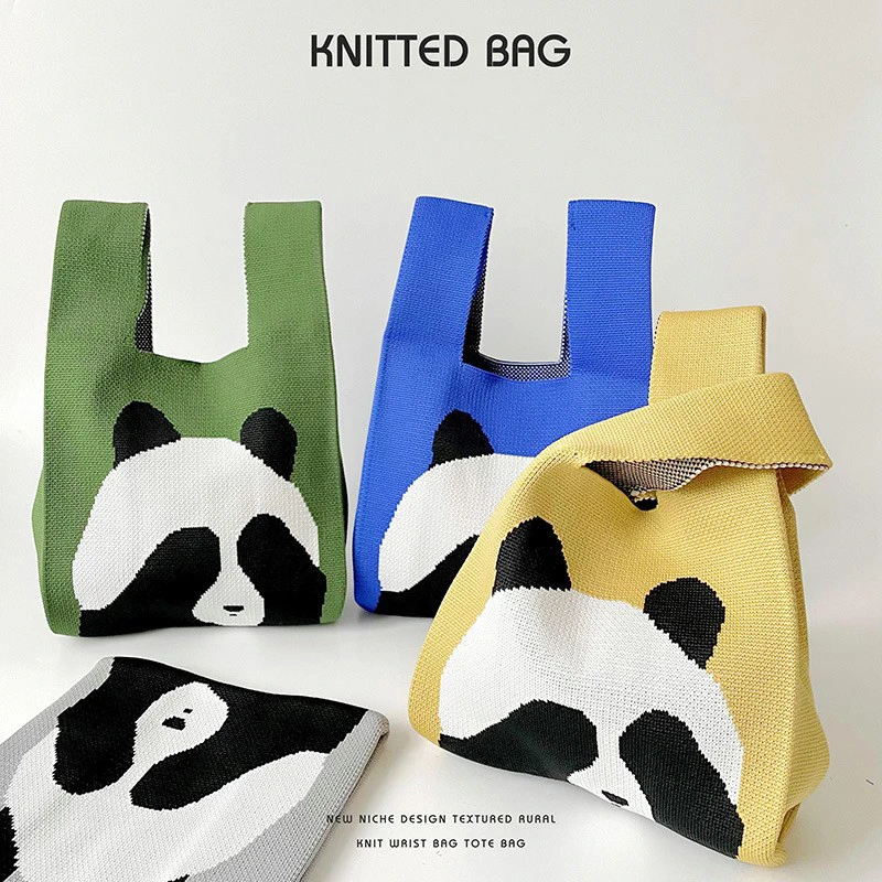 Cartoon Panda Knitted Handbag Women's Bag Casual Wide Stripped Knoted Wrist Bags Handmade Woven Handbag Tote Shopping Bag Tote