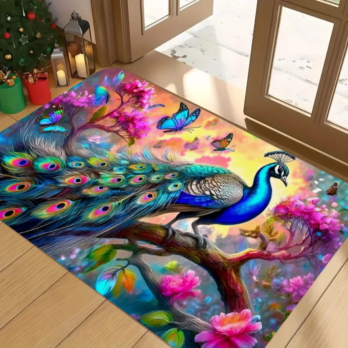 1pc Large Peacock & Butterfly Indian Motif Floor Mat - Turquoise Blue Green Pink Golden Bohemian Design, Extra Long Runner Mat