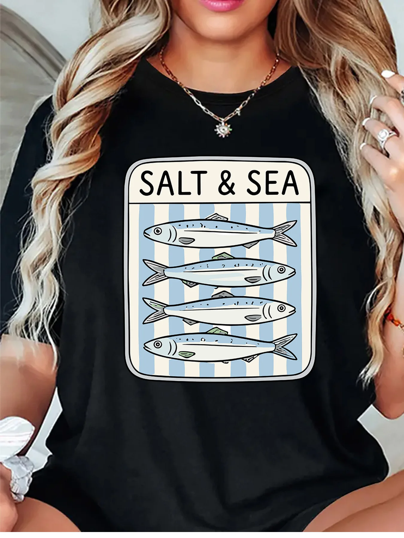 Salt And Sea Sardine Fish Blue White Striped Frame Ocean Graphic Womens T Shirt Short Sleeve Crew Neck Casual Ladies Tee Tops