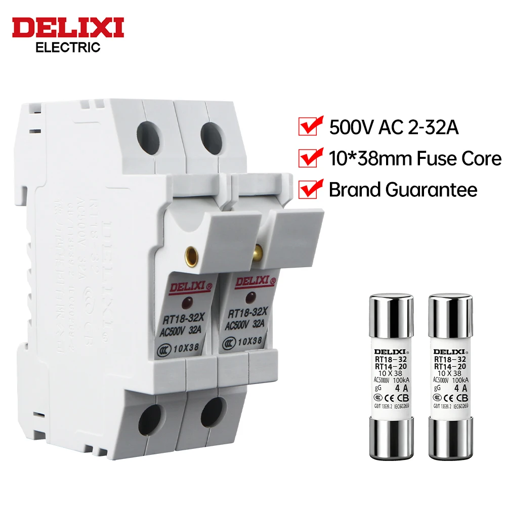 DELIXI 2P Electrical Fuse RT18-32X 500V AC for Motor Control,Transformer,Distribution Cabinet 10*38MM Resistor Fuse Holder
