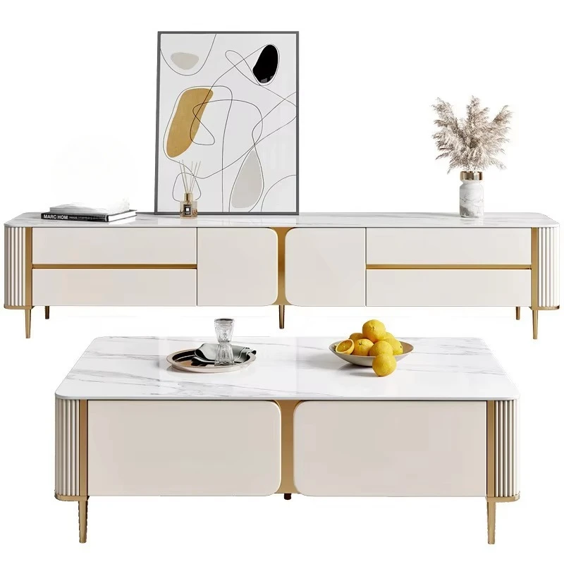 Modern style marble wooden TV cabinet and coffee table set with storage