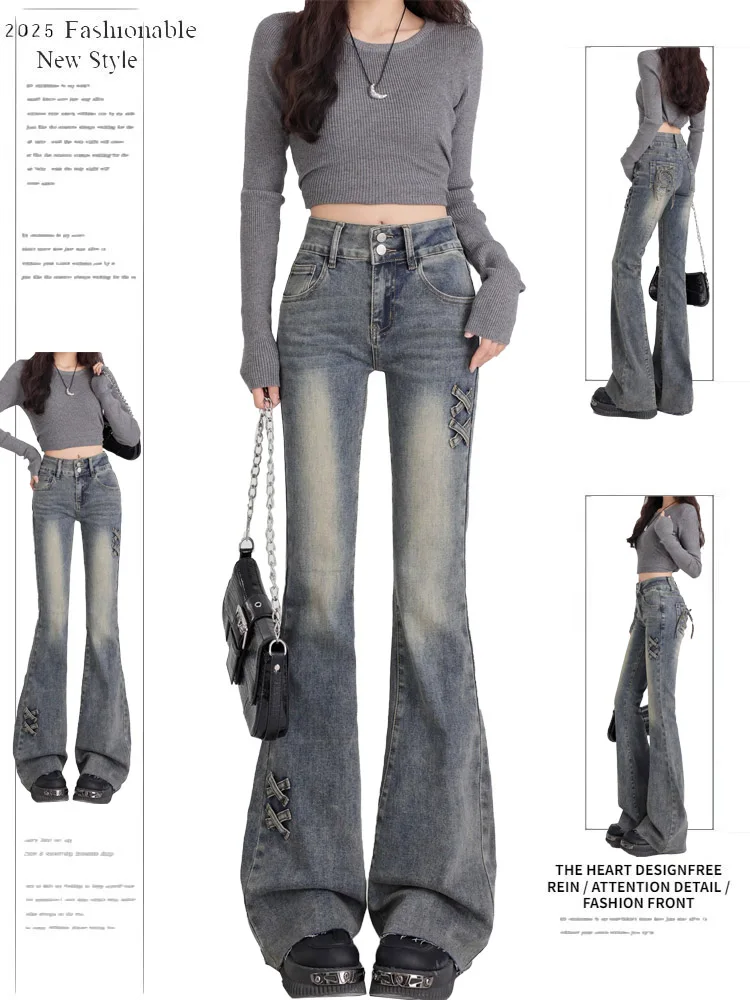 

American Retro Blue Bell Bot Jeans Women's Spring Autumn 2025 New Design Sense Knot Elastic Bell Pants