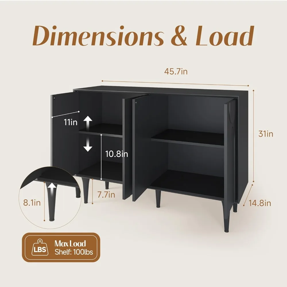 Modern Sideboard Buffet Cabinet, Accent Wooden Storage Cabinets with 2 Doors, Adjustable Shelves and Decorative Wave Panel Store