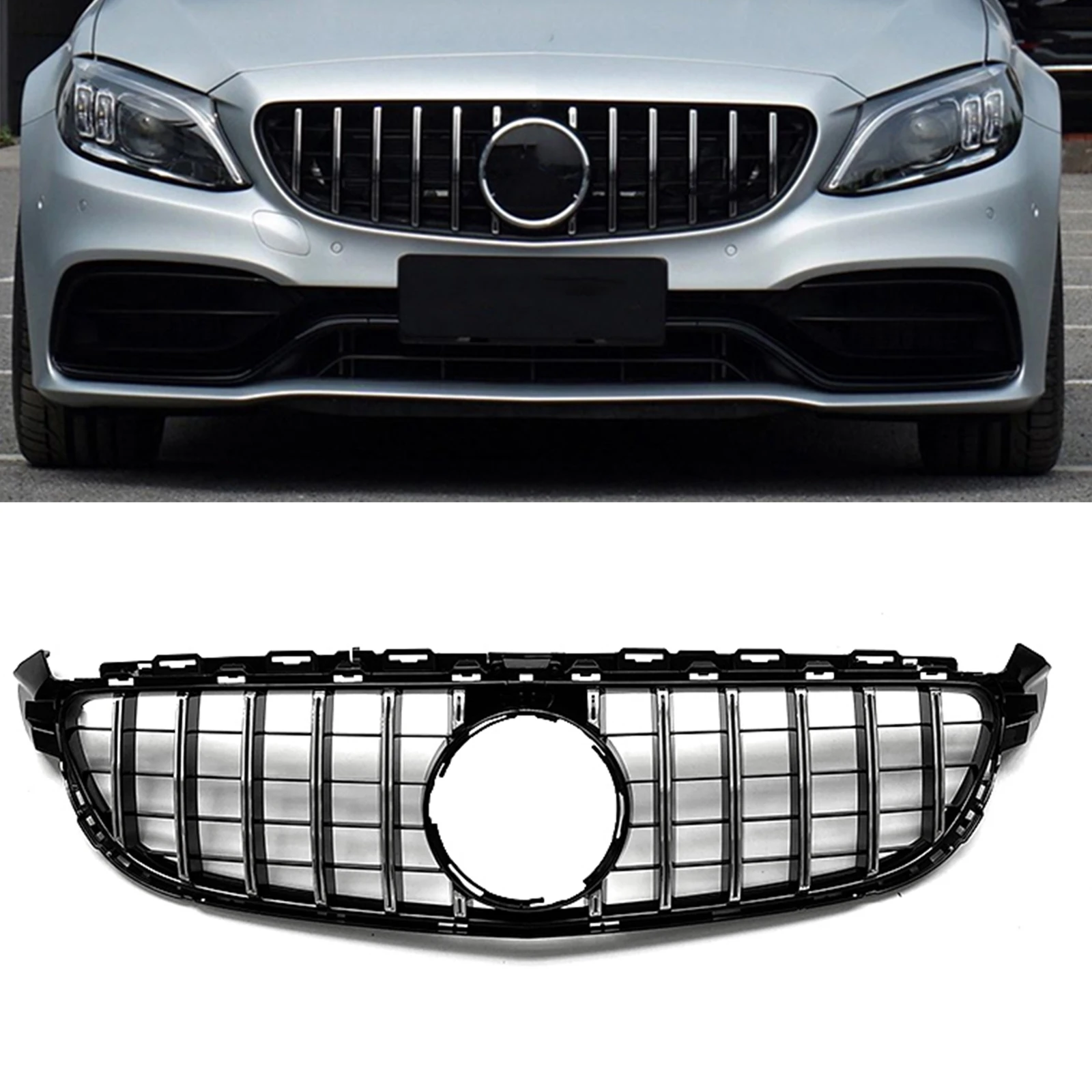 

GT Style Front Grille For Mercedes Benz W205 C63 C63S AMG 2015 2016 2017 2018 Black/Silver Car Upper Bumper Hood Mesh Grill Grid