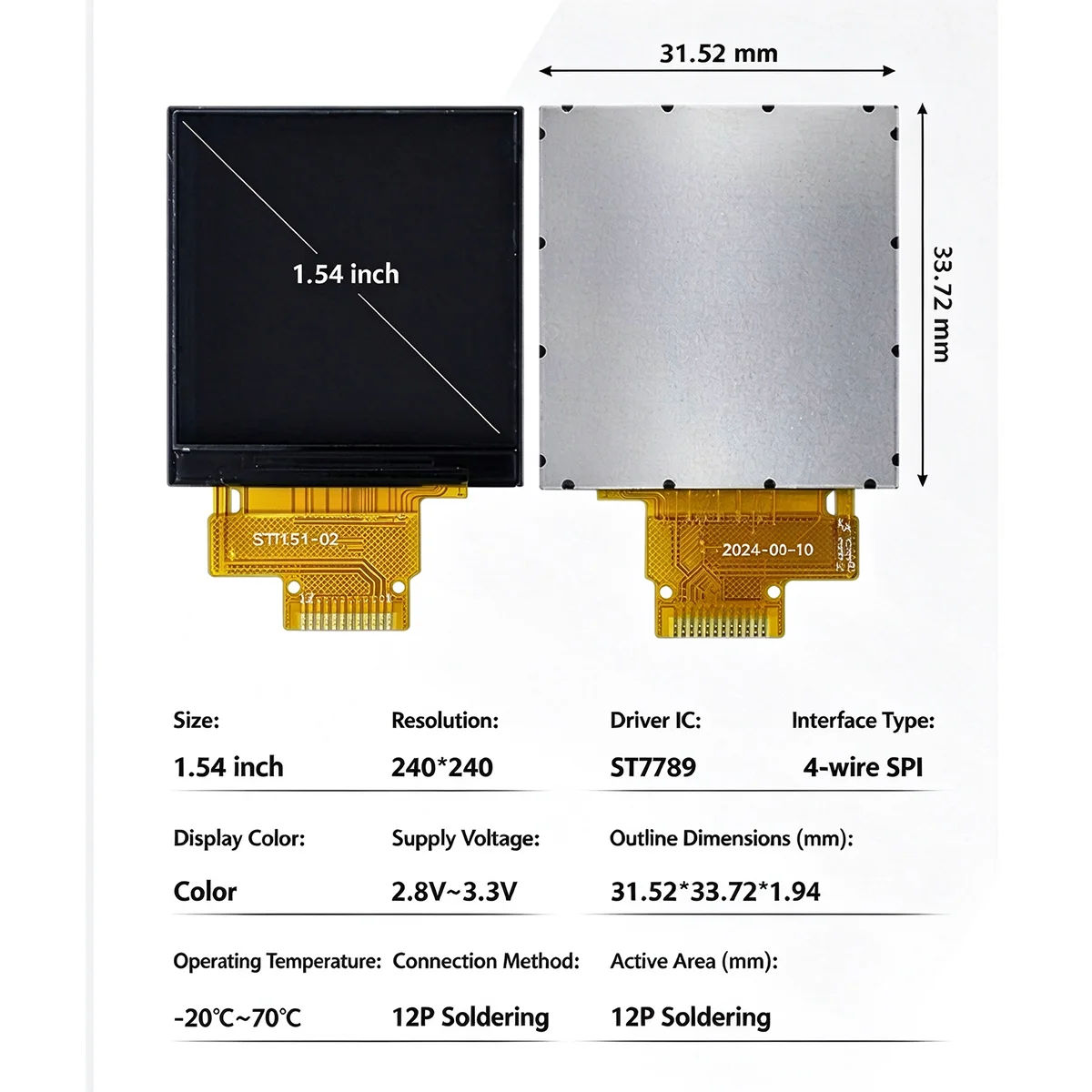 1.54 Inch TFT Display Module 240x240 SPI ST7789 Full Color 12P Soldering Screen for Arduino Raspberry Pi DIY Project M137