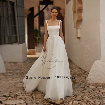 맞춤형 심플 스퀘어 칼라 웨딩 가운, 우아한 A 라인 얇은 명주 그물 클래식 지퍼 백 신부 드레스, 2025 신제품