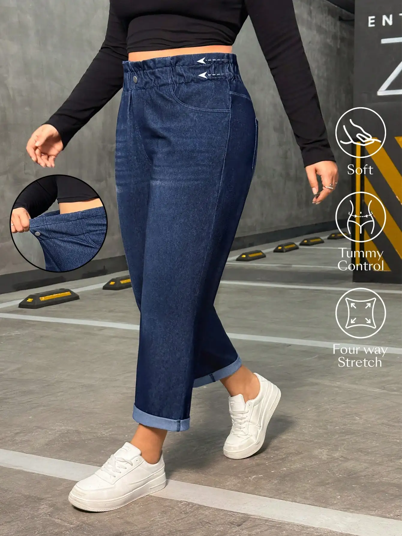 

Plus Size Women's High Waist Stretch Tapered Denim Pants with Pockets