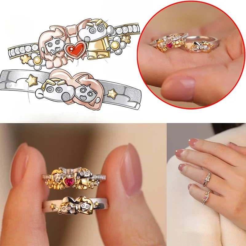 

2pcs Crayon Shinchan Fashion Cute Couple Ring Anime Character Love Pair Ring Giving Girlfriend Birthday Christmas Surprise Gifts