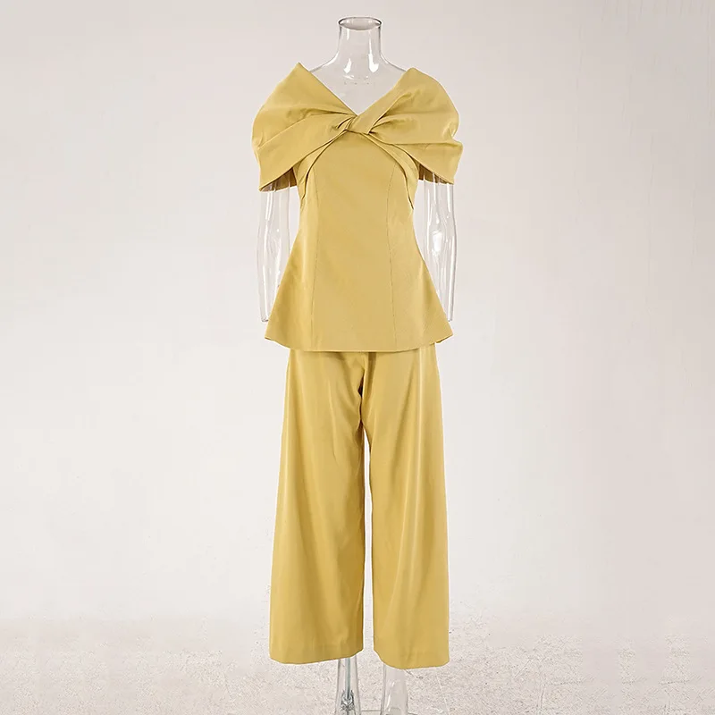 HUISONG – ensemble deux pièces pour femmes, Design de Niche élégant, haut torsadé à col en v, pantalon à jambes larges, haut court, printemps été 7fg895