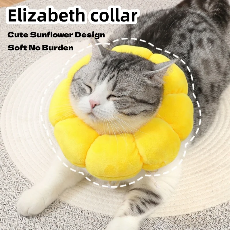 Pet Elizabethan Collar Adjustable Soft Plush Anti Bite Anti Lick Wound Healing Cat Protection Collar Sunflower After Surgery