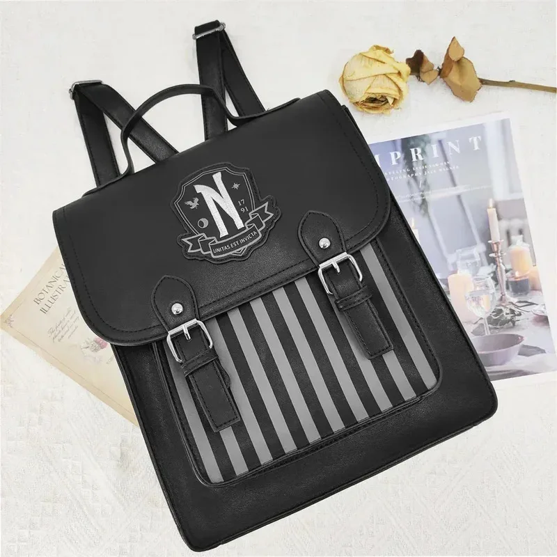 

Vintage Movie Wednesday Black PU Leather Backpack for Women Large Capacity Schoolgirl Backpack Waterproof Retro School Bag‌