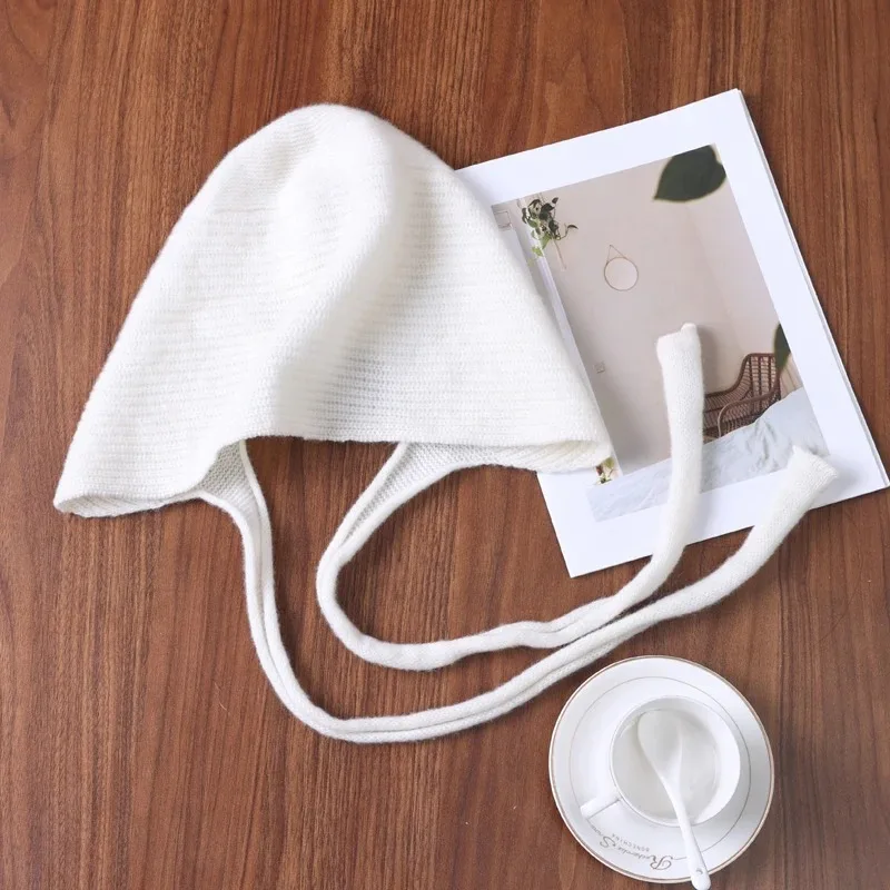 

Шапка-бини из 100% кашемира с завязками на ремешке, однотонный вязаный чепчик с ушками, повседневный теплый мягкий головной убор в стиле ретро для мужчин и женщин