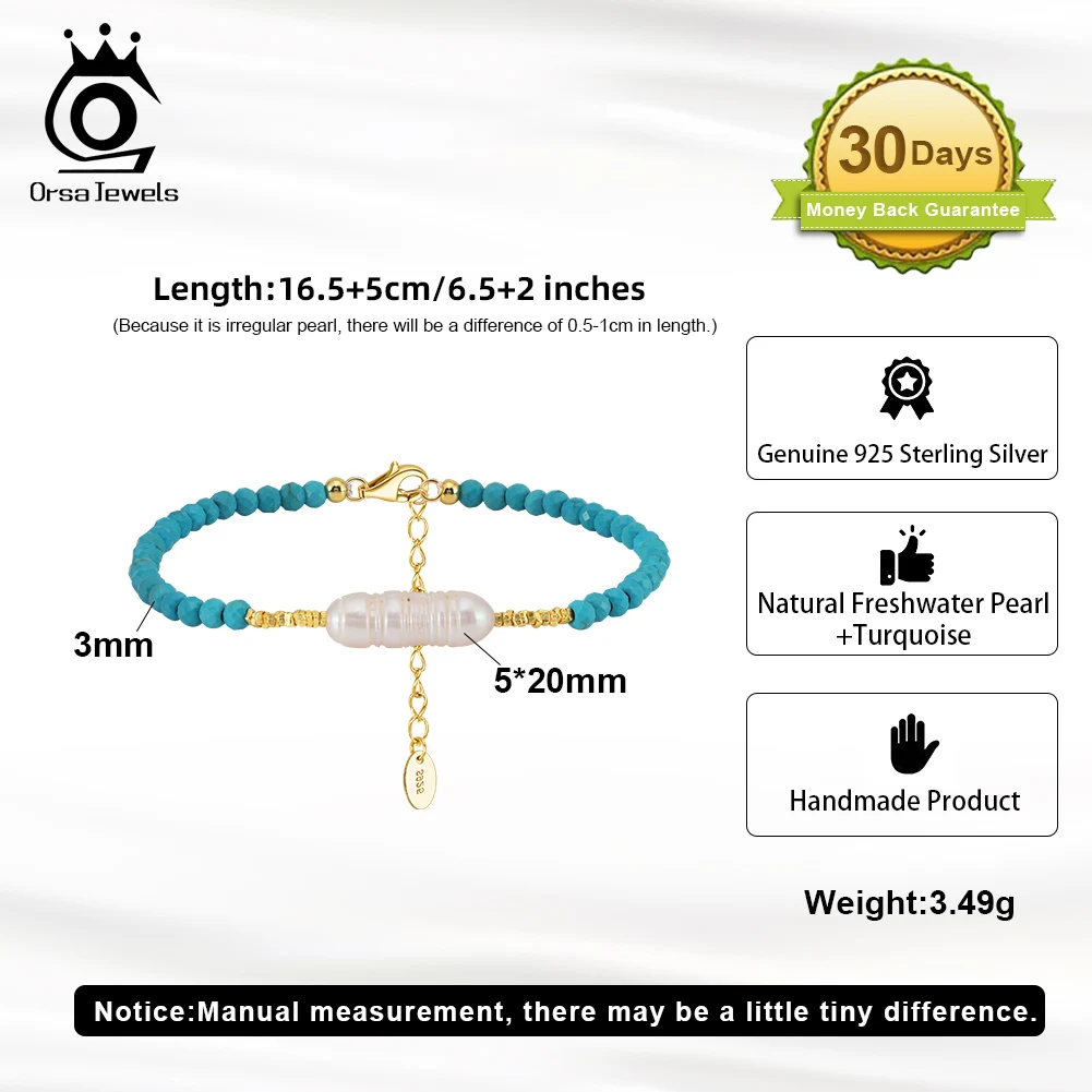 ORSA JEWELS Natural Stone Turquoises Beads Bracelet With Pearl 925 Sterling Silver Women Stretch Bracelet Healthy Jewelry MPB07