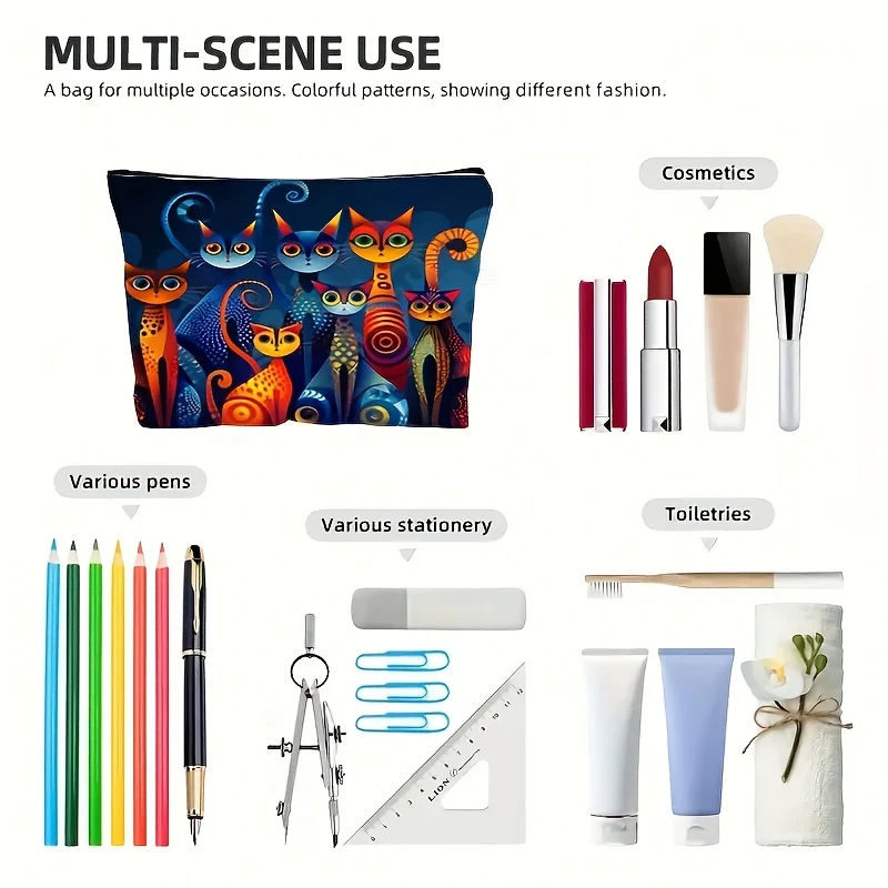 Foldable Colorful Cat Design Makeup Bag with Zipper | Travel Cosmetic Pouch & Toiletry Organizer | Ideal Gift for Women