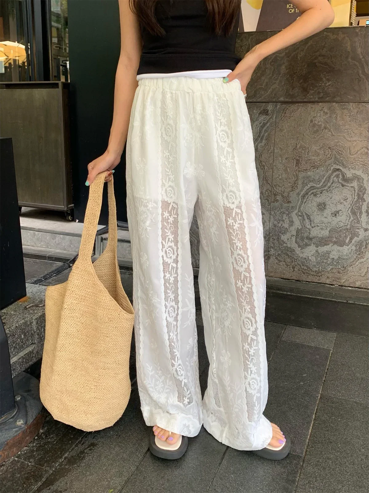 Casual Loose Pants Women White Embroidered Wide Leg Pants Summer Pants Women Long Pants Women\'s Summer Clothes