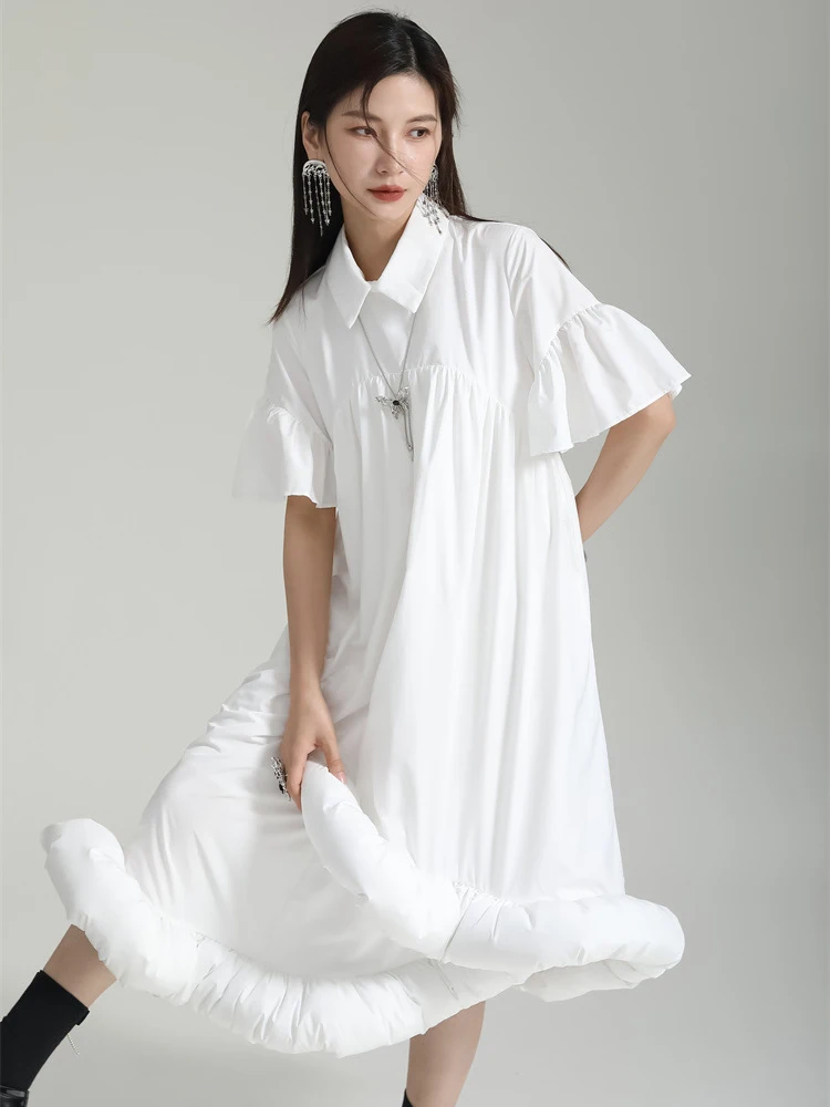 [EAM] Women White Pleated Hem Ruffles Big Size Shirt Dress New Lapel Short Sleeve Loose Fit Fashion Spring Summer 2024 1DF7190