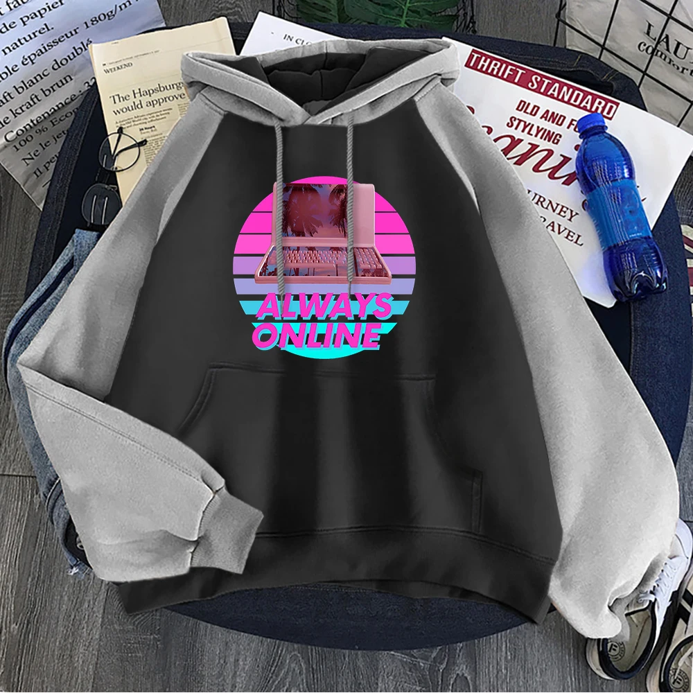 Street Trend Men Hoodie Funny Vaporwave Meme Always Online Retro 80S Printing Pullover Spliced Soft Sweatshirt Loose Fleece Tops