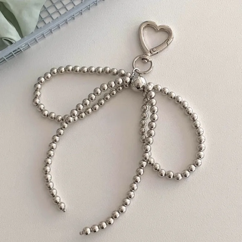 Korean Sweet Beaded Pearl Bowknot Keychain Heart Pendant Keyring Aesthetic Key Chain Holder for Girl Bag Pendant Accessories