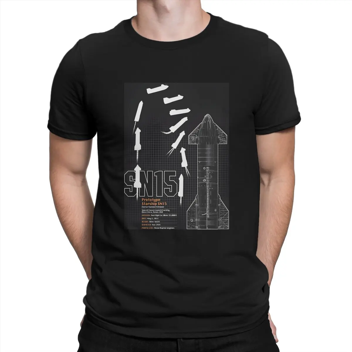 SN15 Plans T-Shirts for Men SpaceX Starship Vintage Pure Cotton Tee Shirt Crewneck Short Sleeve T Shirts Unique Tops