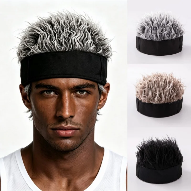 Men Synthetic Wig Spiked Hair Skull Beanie Cap Fake Short Hair Sports Running Headband Hat Hip Hop Cosplay Party Wigs Headwear