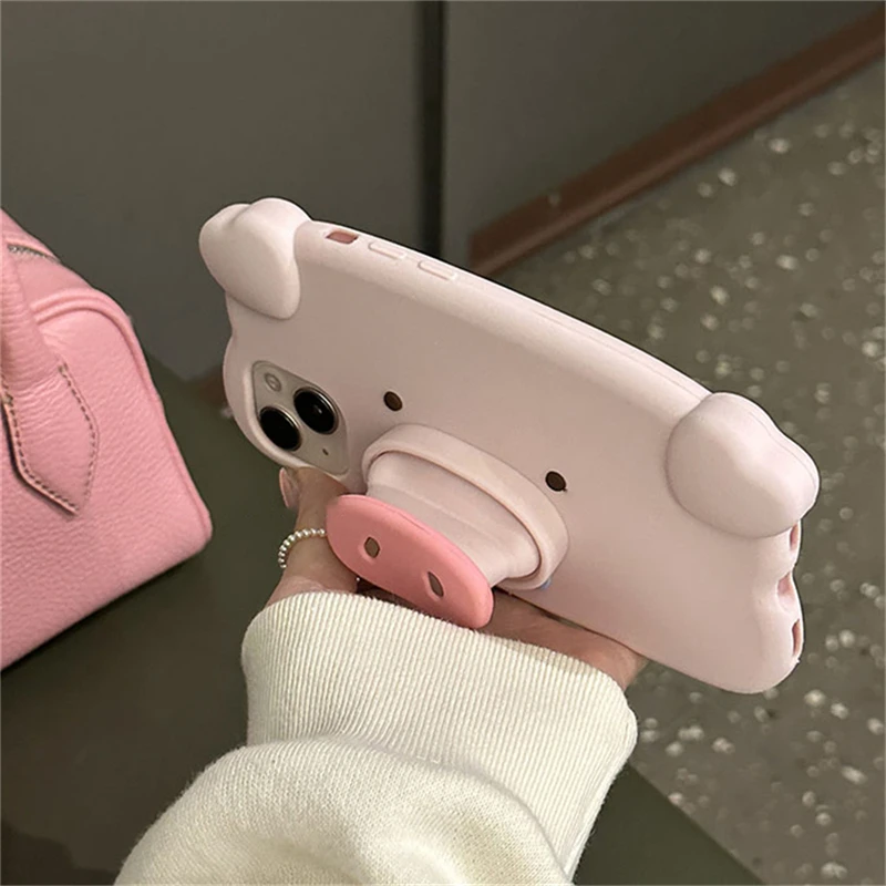 Cute Cartoon 3D Pig Nose Bracket Silicone Pink Phone Case For iPhone 14 13 12 11 Pro Max Ins Korea Lovely Shockproof Soft Cover