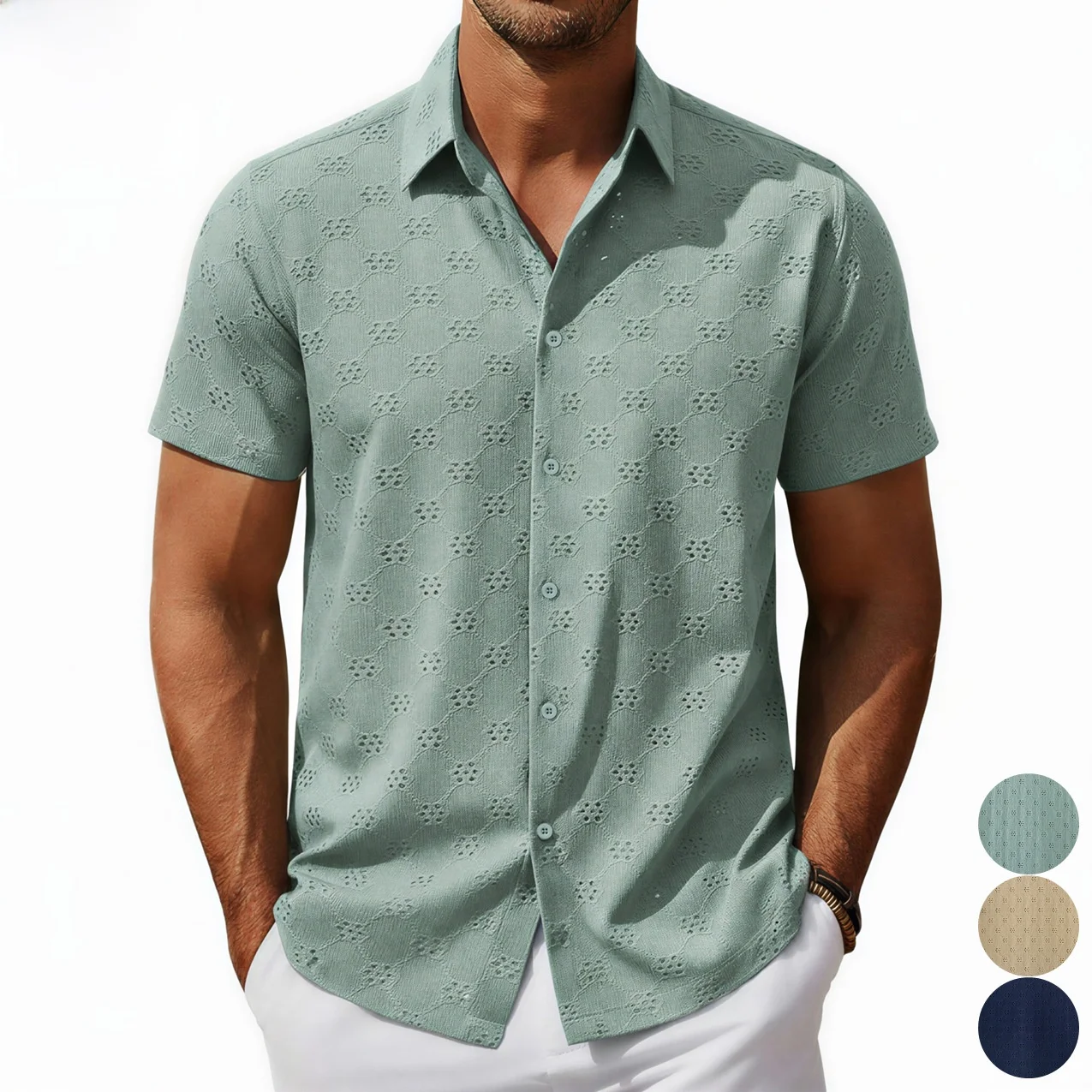

Мужская повседневная рубашка с коротким рукавом, с вышивкой цветочным узором, отложным воротником, легкая, летняя, модная, приталенная, мужская верхняя одежда
