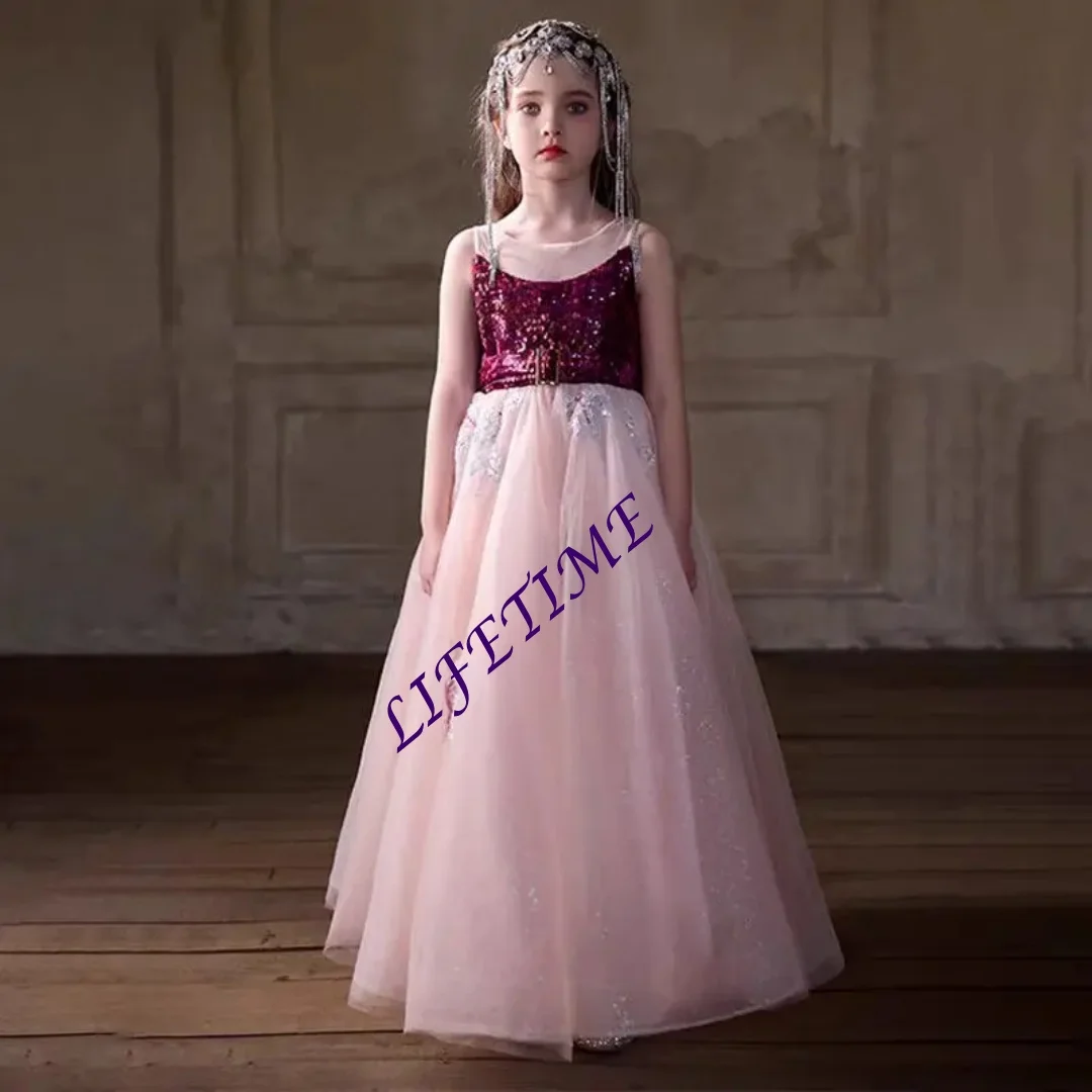تخصيص أنيقة الدانتيل الوردي زهرة فتاة اللباس الأطفال كريستال للأطفال الأميرة الزفاف مسابقة عيد ميلاد حزب الحفلة الراقصة #1