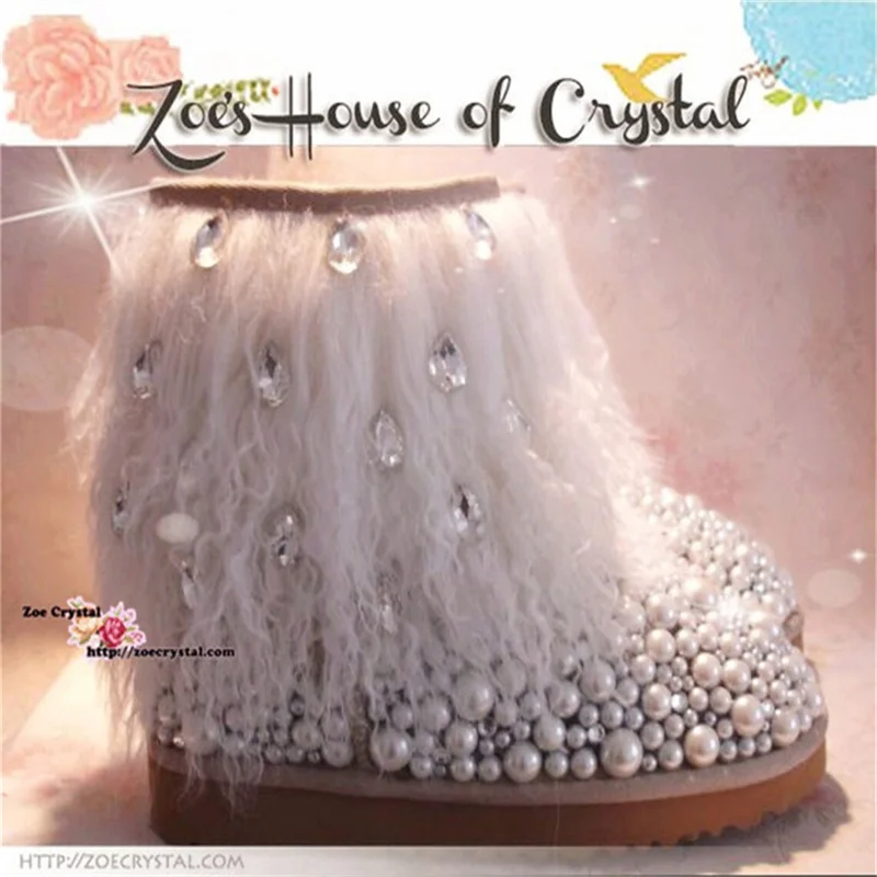 

Custom luxury rhine-diamond midbarrel beach wool pearl fur one large size leisure snow boots women's cotton shoes 35-44