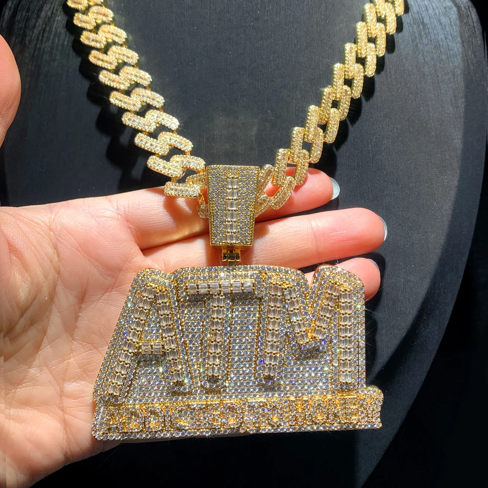 Bling 5A CZ Letters ATM Addicted To Money Pendant Necklace Iced Out Micro Paved Cubic Zircon Hip Hop 15mm Cuban Chain Jewelry