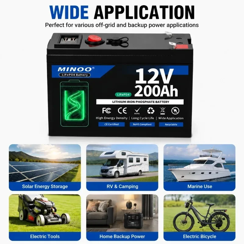 12V LiFePO4 Battery Lithium Iron 12V 200Ah Phosphate Deep Cycle Rechargeable Battery With BMS For Solar RV Marine Energy Storage