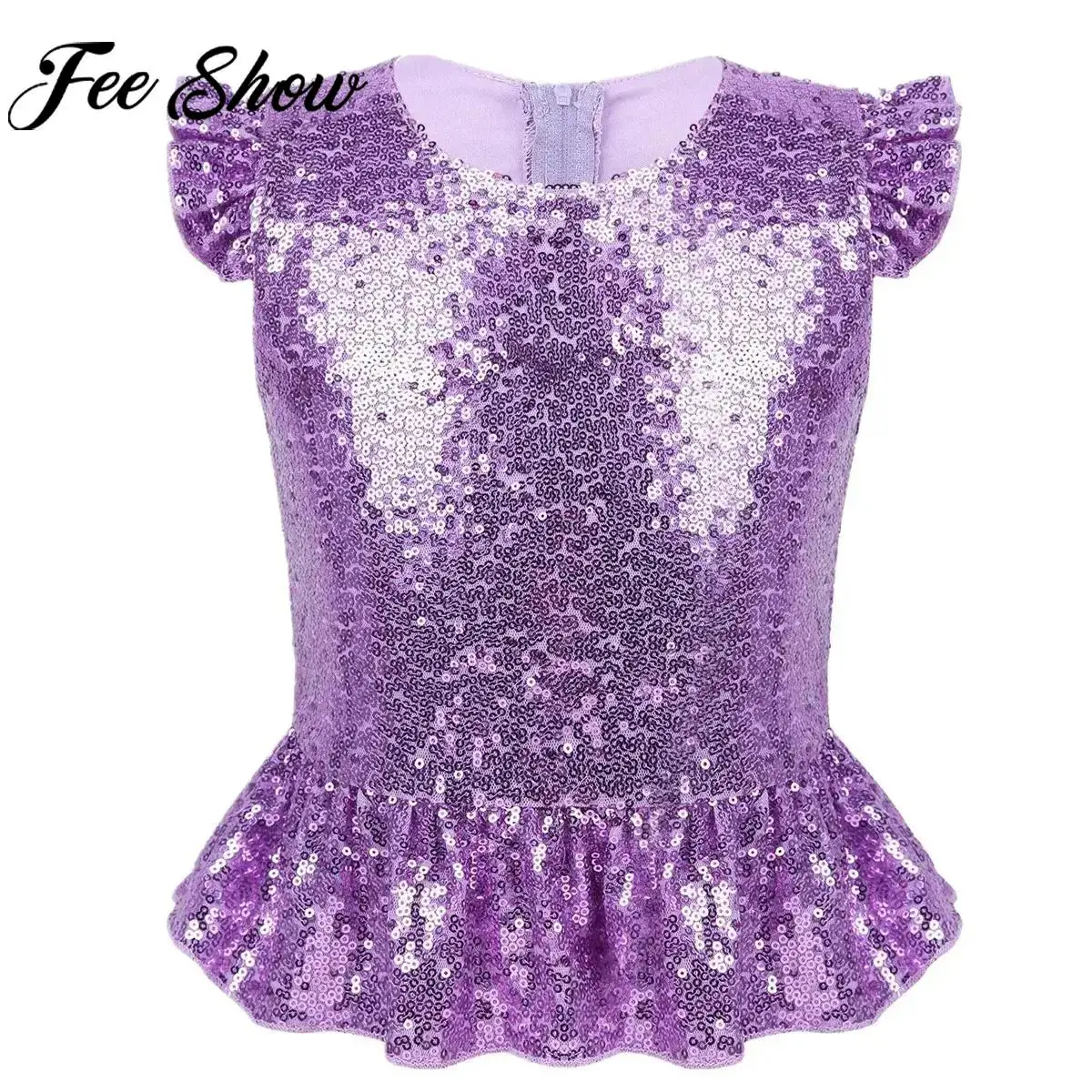 Kids Girls Short Sleeve Shiny Sequin Ruffle Peplum Mermaid Tops T-shirt Halloween Carnival Birthday Theme Party Cosplay Costume