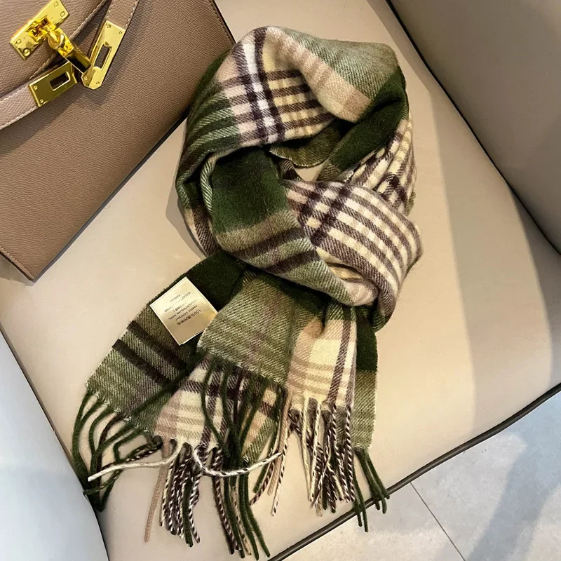 100% Wool Plaid Scarf With Tassel Women Men Winter Warm Soft Neck Scarf Shawl Unisex Cashmere Long Scarves