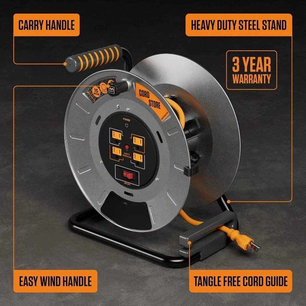 15 أمبير، بكرة سلك 1 قدم، طبل كابل معدني، سلك تمديد قابل للسحب مع مقبض لف، قاطع دائرة التحميل الزائد الآمن ومفتاح الطاقة
