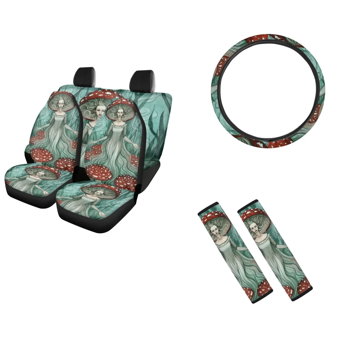 Car Seat Cover Full Set Mushroom Design Protect Neck and Shoulder Stylish Safety Belt Cover Auto Interior Steering Wheel Covers