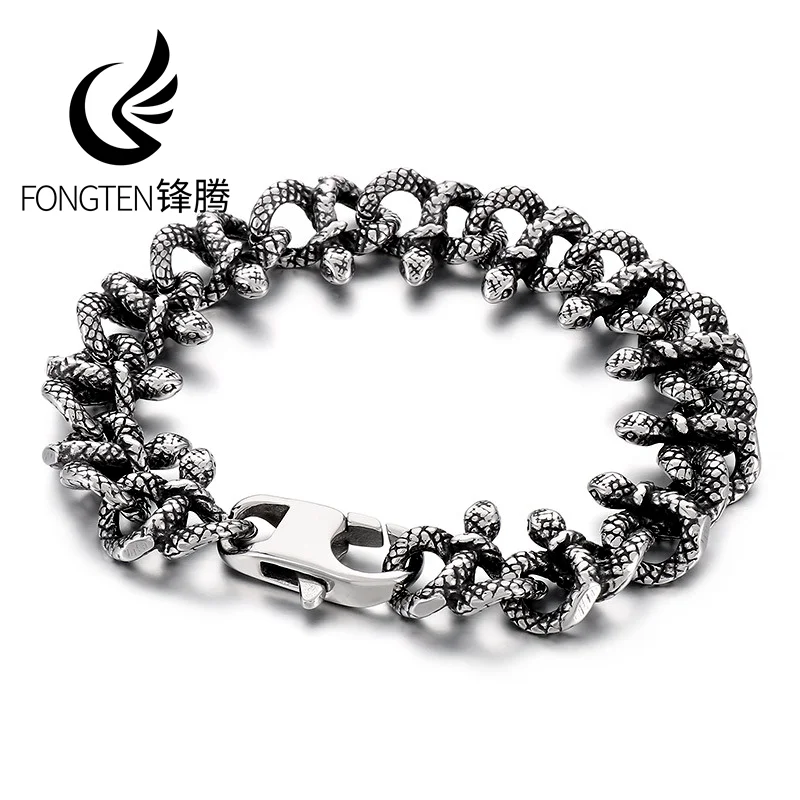 

Fongten 22cm Stripe Charm Bracelets For Men Stainless Steel Charm Snake Chain Bracelet Bangles Vintage Male Jewelry Halloween