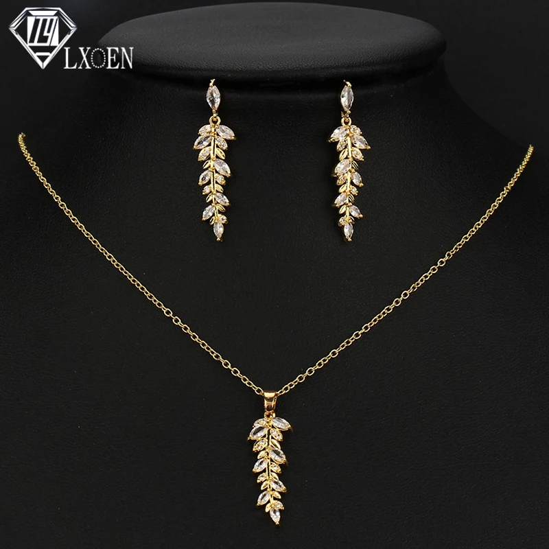 Fashion Gold Color Leaves Jewelry Set for Women Zirconia Dangle Drop Earring and Necklace Elegant Korean Crystal Wedding Jewelry