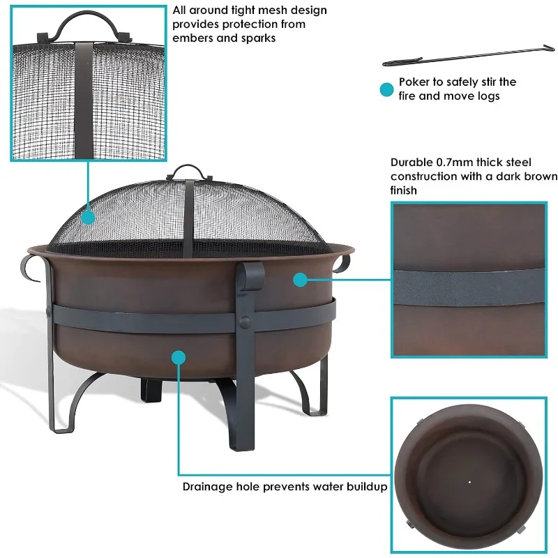 29-Inch Bronze Cauldron Wood-Burning Fire Pit Bowl - Includes Portable Poker and Spark Screen