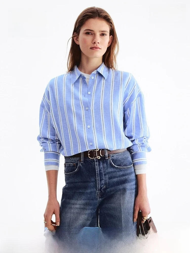 

H&M Women's irt Spring 2026 Linen Blend Oversized Trendy Button-Up Casual Sle Long Sve Flip-Collared Cotton Polyester