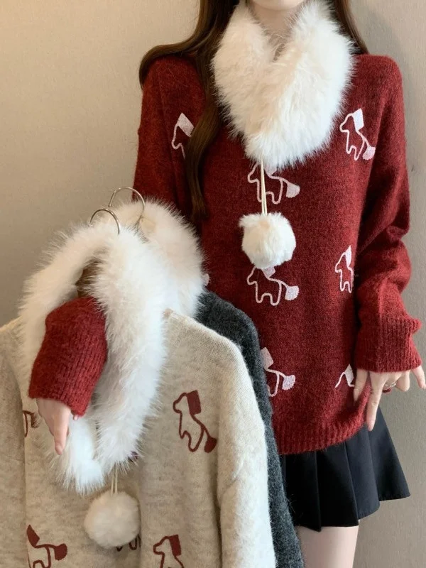 

plus Size Women's Knitwear Red Embroidered Long Sve Overhead Top Winter Faion Korean Sle Commute Wind Regular Fit Sweater