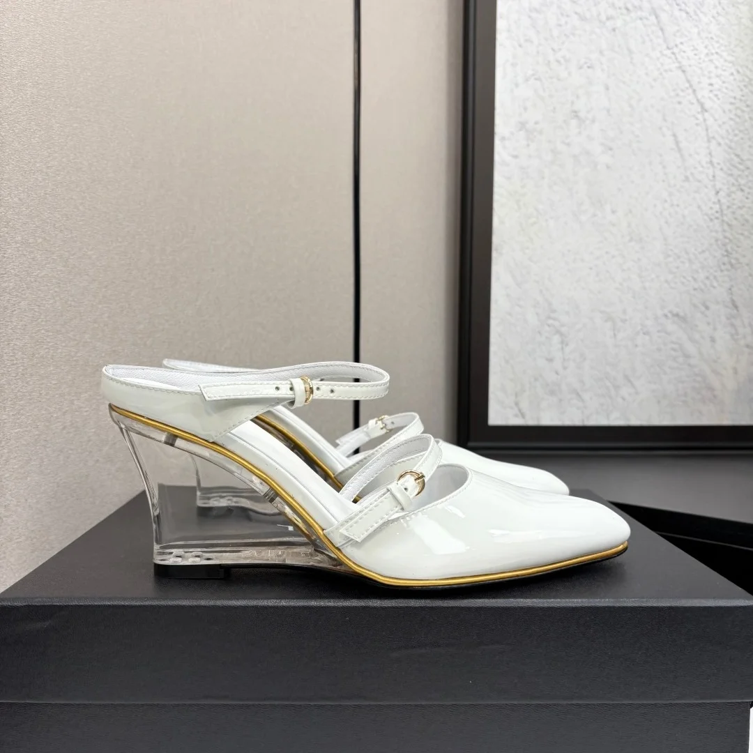 2026 High Quality Summer women shoes patent leather double buckle strap clear wedge heel backless footwear ch24042538