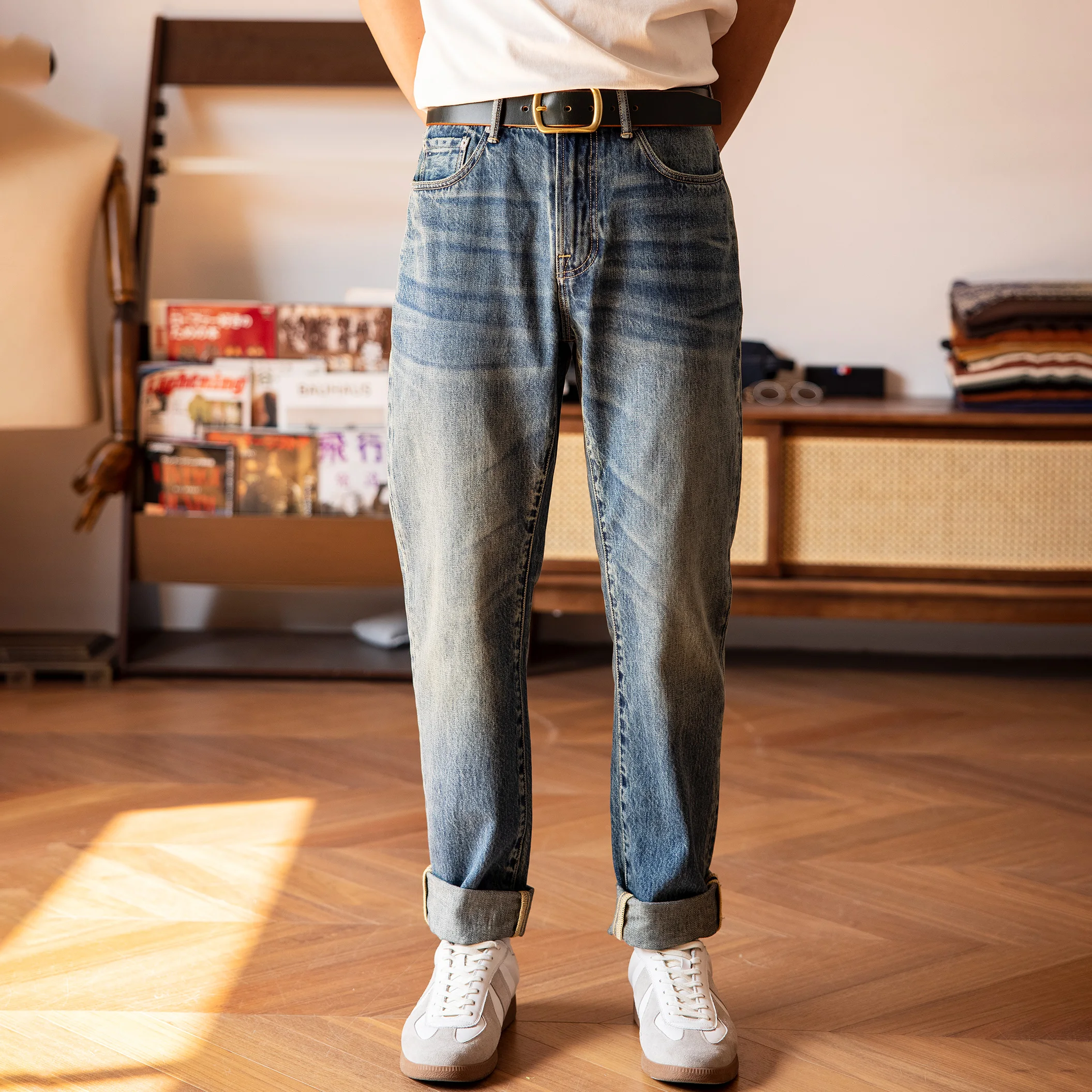 Pantalones vaqueros ajustados lavados de buena calidad, 705 algodón, Vaqueros gruesos pesados de 14oz, rojo Tornado, 0001-100%