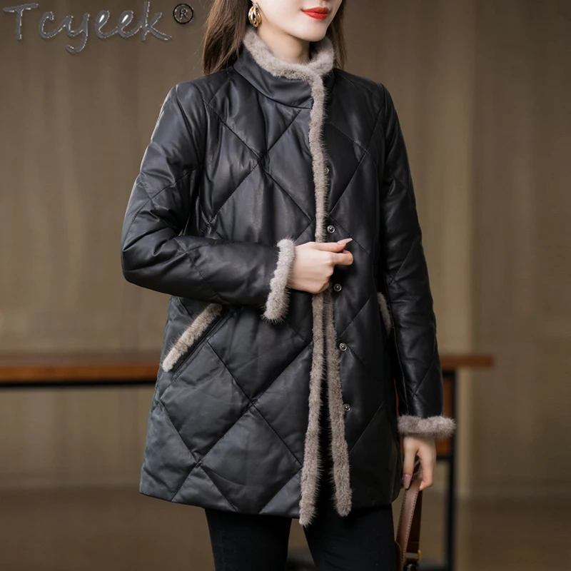 Tcyeek, abrigo de piel de oveja de cuero genuino para mujer, chaqueta de plumón de longitud media, chaquetas de invierno, chaqueta de cuero con Cuello de piel de visón, ropa de mujer