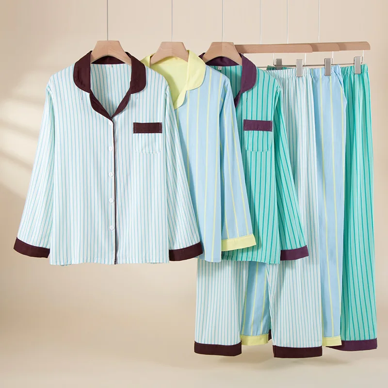 

Cotton Brushed Sleepwear Clothes Set for Women's Autumn and Winter Striped Long Sleeved Pants Casual Loungewear Women